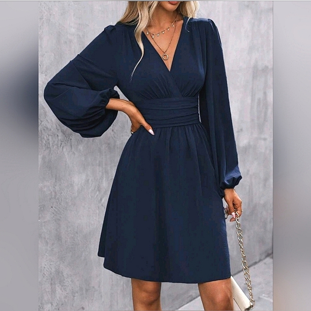 NEW Chic Ruched Waist Short Dress Lantern Long Sleeve Navy Blue